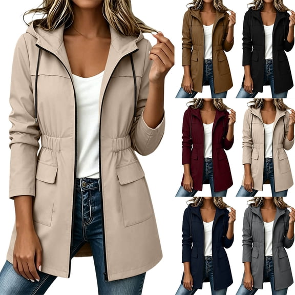 Jsaierl Women's Hooded Utility Anorak Jacket Drawstring Waist with Flap Pockets Lightweight Spring Fall Casual Travel Coat