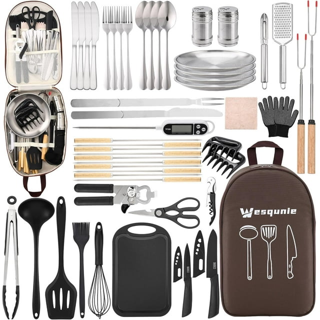 Camping Cooking Cookware Kitchen Set Camp Accessories Cook Utensils Kit Camping Essentials BBQ Silicone Mess Kit for Backing Gear Camping Must Haves Equipment