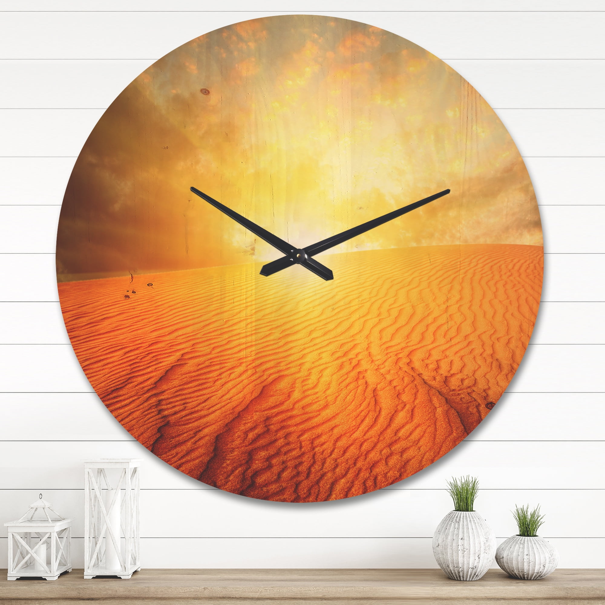 Designart 'Sand Landscape with Sunset' Modern Wood Wall Clock