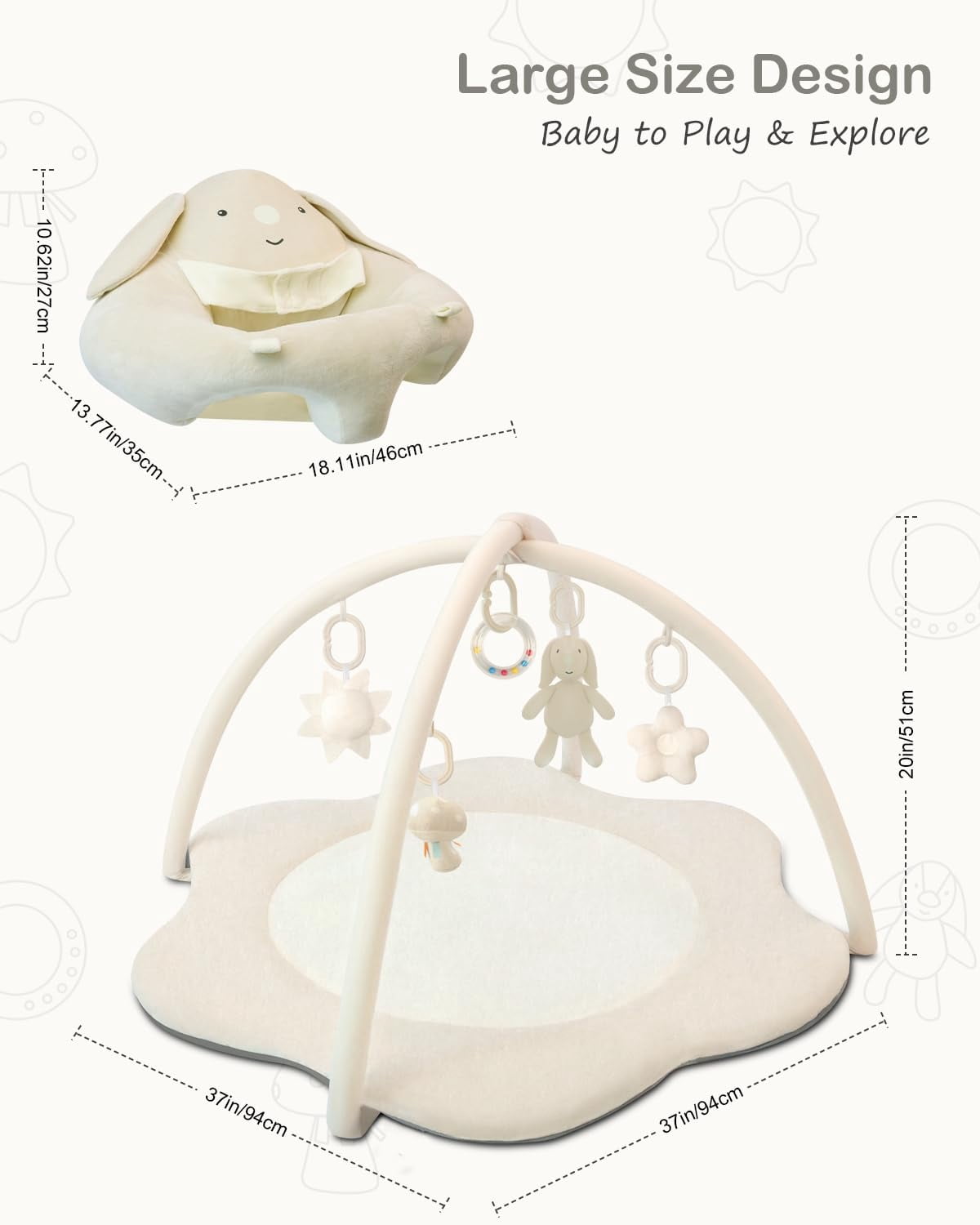 Baby Gym Play Mat, Sitting-up Babies Seats for Infants,with 5 Detachable Toys, Infant Toddler Activity Tummy Time Playmats for Newborn 0-12 Months, Beige