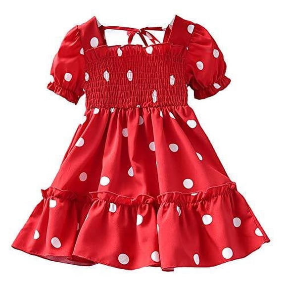 Styles I Love Little Girls Short Sleeve Polka Dots Print Ruffle Smocked Dress, 2 Colors ( Red, 90/1-2 Years)