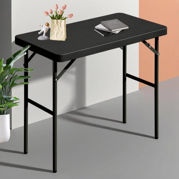 Folding Table 2.7ft Rectangular All-Occasion Plastic Event Table for Indoor Outdoor Camping Party  Stable HDPE Steel Black