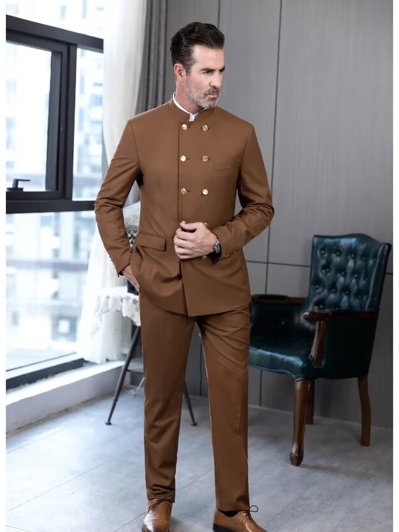JAXENBRIOA Mens Chinese Tunic Suits 2 Piece Mandarin Stand Collar Formal Solid Traditional Wedding Suit for Men Set Prom M, Men's, Size: Medium, Black