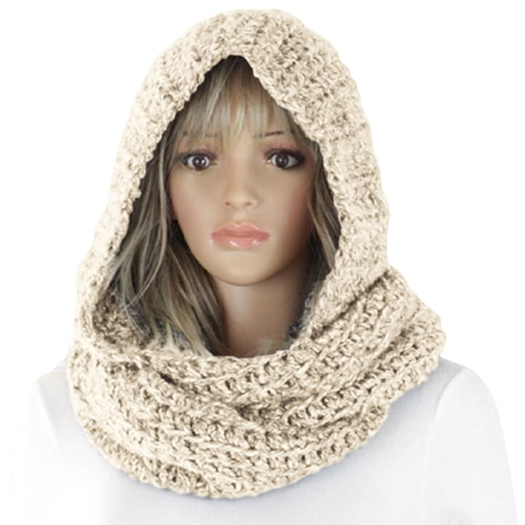 Women Chunky Knit Hooded Infinity Scarf Thick Warm Winter Neck Wrap 2 In 1 Hat Scarf Outdoor Accessory Beige One Size