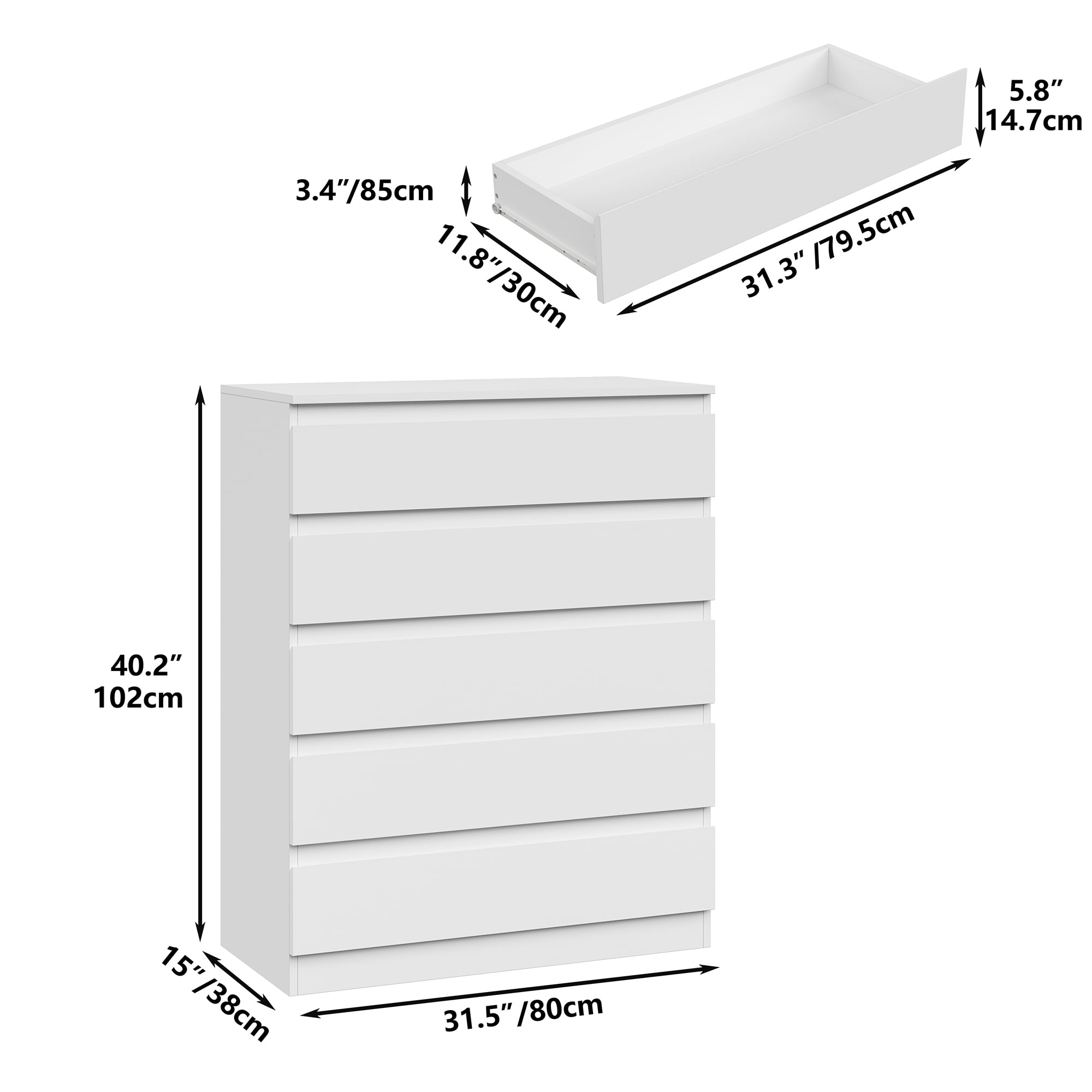 Furnihold 5-Drawer Dresser, 40.2" Tall Modern Bedroom Dresser, Wood Dresser For Living Room, Bedroom, White