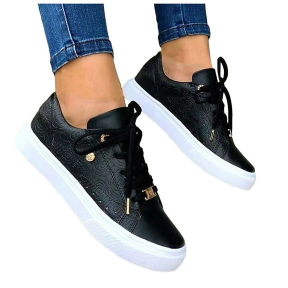 Dakaela Women's Fashion Sneakers Lace up Low Top Cushioned Walking Shoes Comfort Casual Flats Black 6