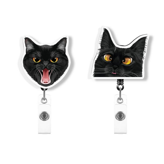 WIRESTER Set 2pcs Design Acrylic Key Card Holder Belt Clip Reel Id Badge Retractable - Cross Eyed Screaming Black Cats