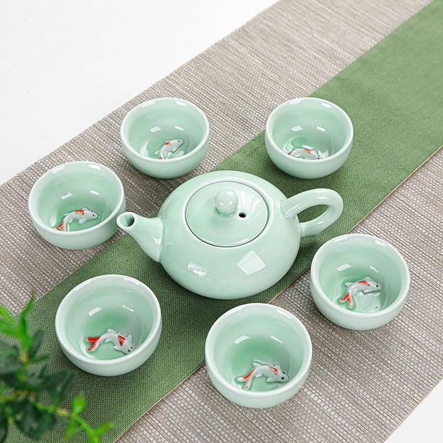Juego de té de seis tazas de una sola olla con forma de pez pequeño de Celadon, regalo portátil sencillo para el hogar, regalo de actividad