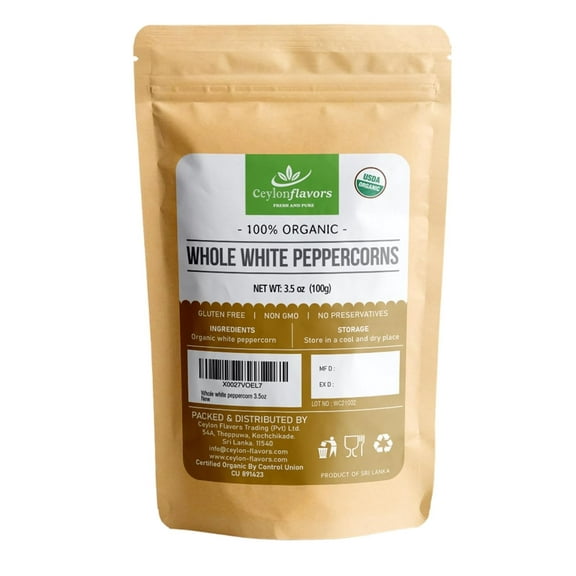 Organic Premium Grade White Peppercorn. Natural Super food enriched with aroma & flavors for cooking and barbeque, 3.5 oz / 100 g