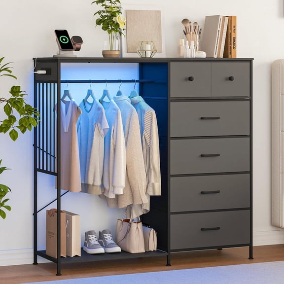 Kicctian Dresser with Hanging Rack and LED Lights, 6-Drawer Closet Organizer with Charging Station,Wide Dresser for Bedroom,Black