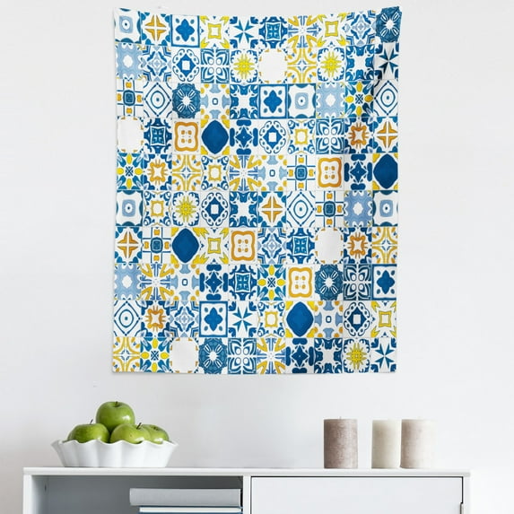 Yellow and Blue Tapestry, Mosaic Portuguese Azulejo Mediterranean Effect, Fabric Wall Hanging Decor for Bedroom Living Room Dorm, 5 Sizes, Violet Blue Mustard, by Ambesonne