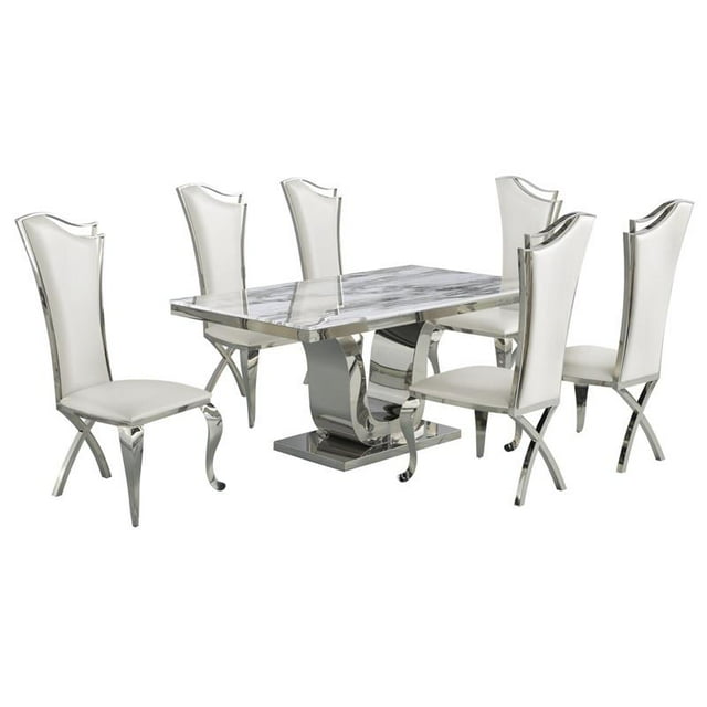White Marble 7 piece Dining Set with Silver Stainless Steel Base