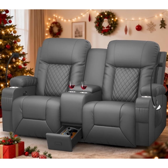 LOBERFVE Compact Two-Seater Reclining Sofa With Storage Console, Built-In USB Charging, Cup Holders, And Phone Slots For Living Room