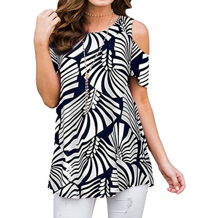 Floral Print Silk Tunic - 711ONLINESTORE Women Floral Print Round Neck Cold Shoulder Tunic Blouse