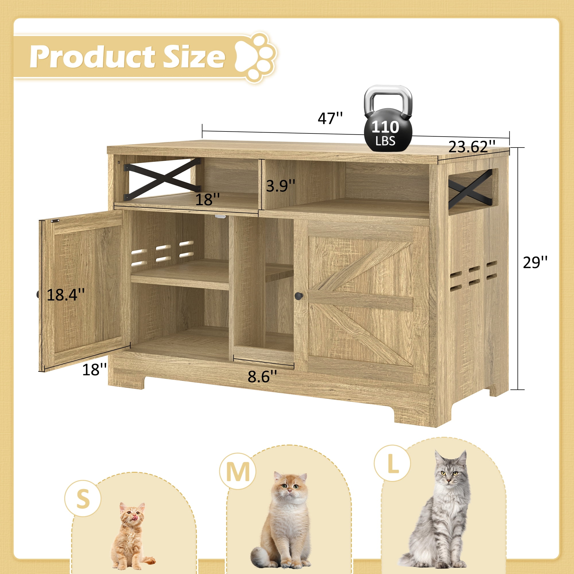 Euroco Multifunctional Hidden Cat Litter Box Enclosure with Double Doors, Adjustable Divider, Ventilation, and Storage Shelves