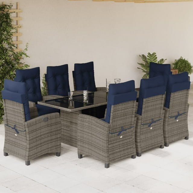 vidaXL Ensemble de Salle à Manger de Jardin 9 Pcs avec Coussins en Rotin Gris