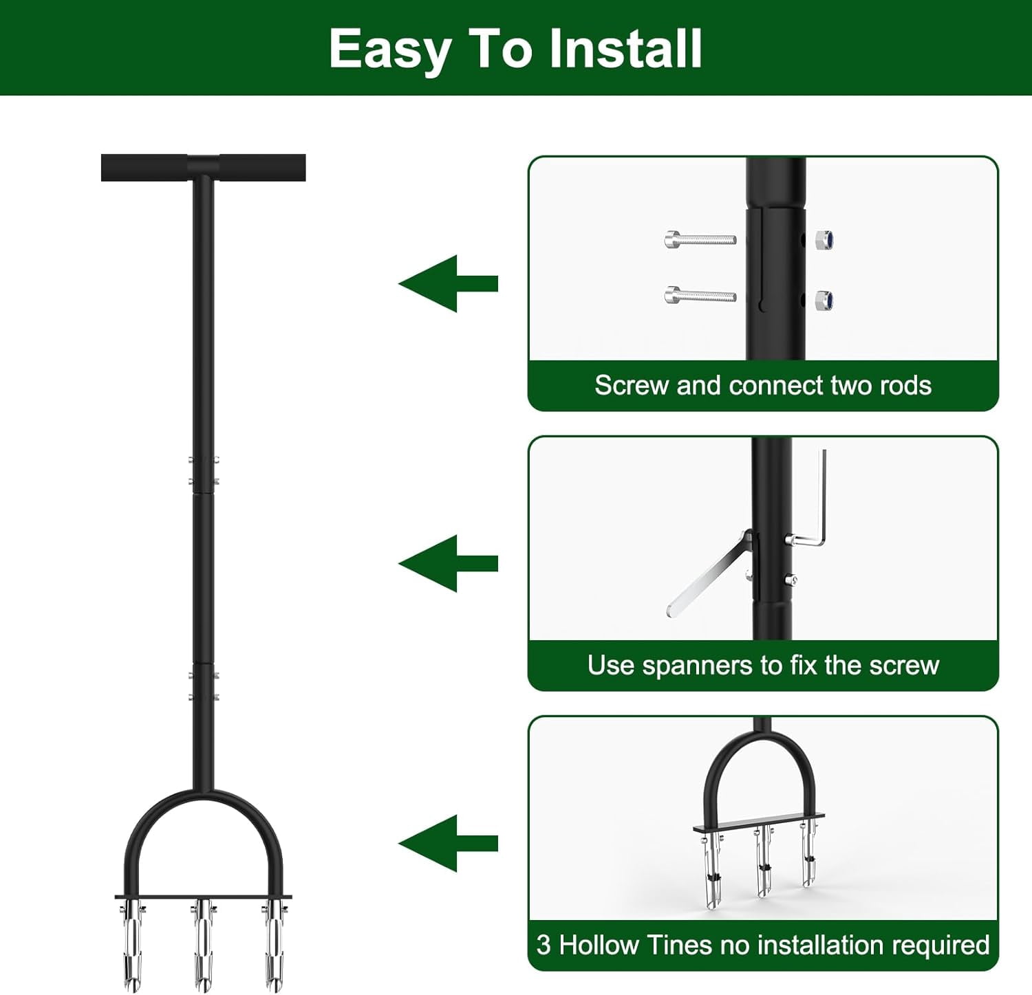 Lawn Aerator Coring Tool, Tool with 3 Hollow Tines, Manual Core for Garden Care and Loosen Compacted Soil, Aeration,