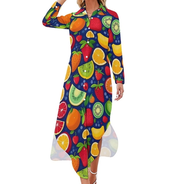 Robe en Chiffon Imprimé Fruits Jaune Citron Robes Mignonnes Femmes Manches Longues Style Rue Col en V Motif Robe Décontractée Surdimensionnée