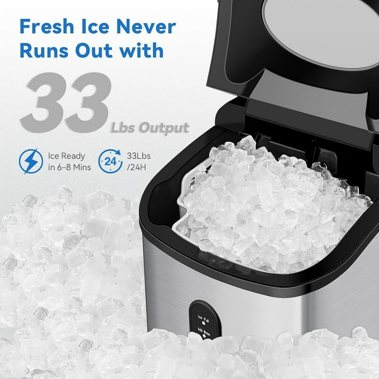 Philergo Nugget Ice Maker Countertop, 33lbs/24H with Self-Cleaning Function  for Home/Kitchen/Office, Stainless Steel