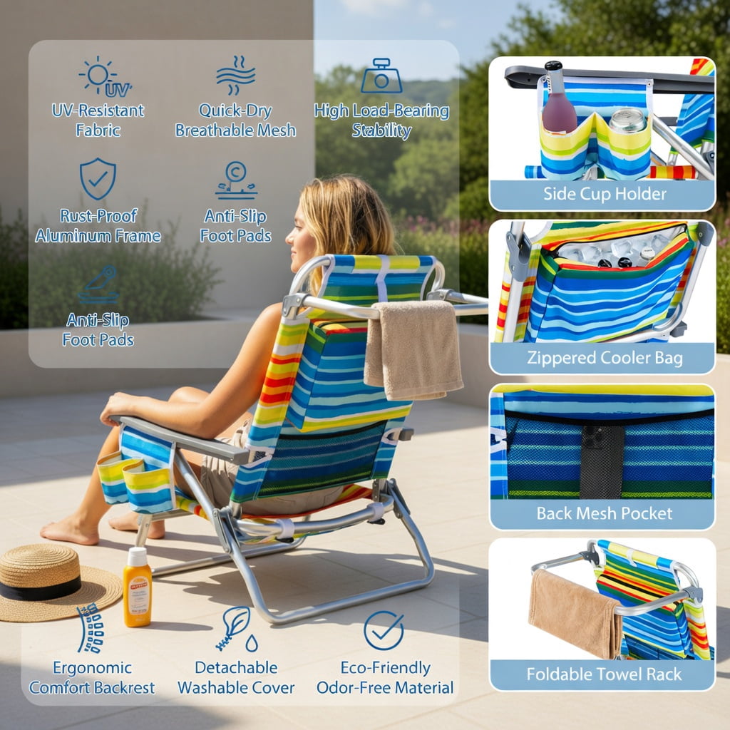 Hommoo 2-Pack Portable Beach Chairs with 5-Position Recline, Padded Headrest, Insulated Cooler Bag & Aluminum Frame, Yellow