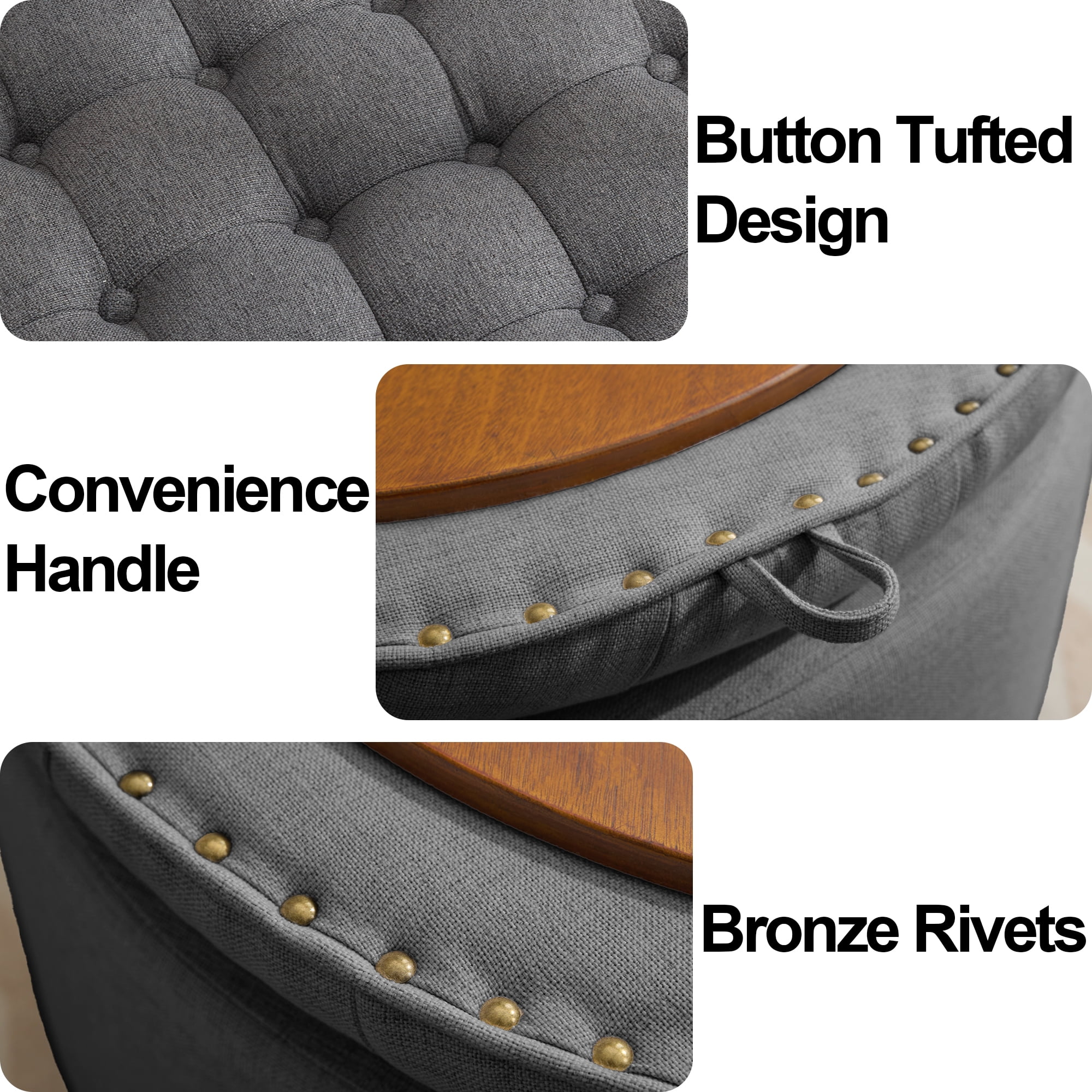 24'' Round Ottoman with Storage, Modern Tufted Fabric Storage Ottoman with Removable Top for Living Room, Bedroom, Drak Gray