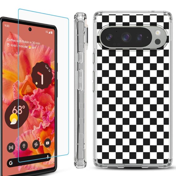 For Google Pixel 9 / 9 Pro Phone Case Cover, Shockproof Bumper Case with Tempered Glass Screen Protector, by OneToughShield - Checker B/W
