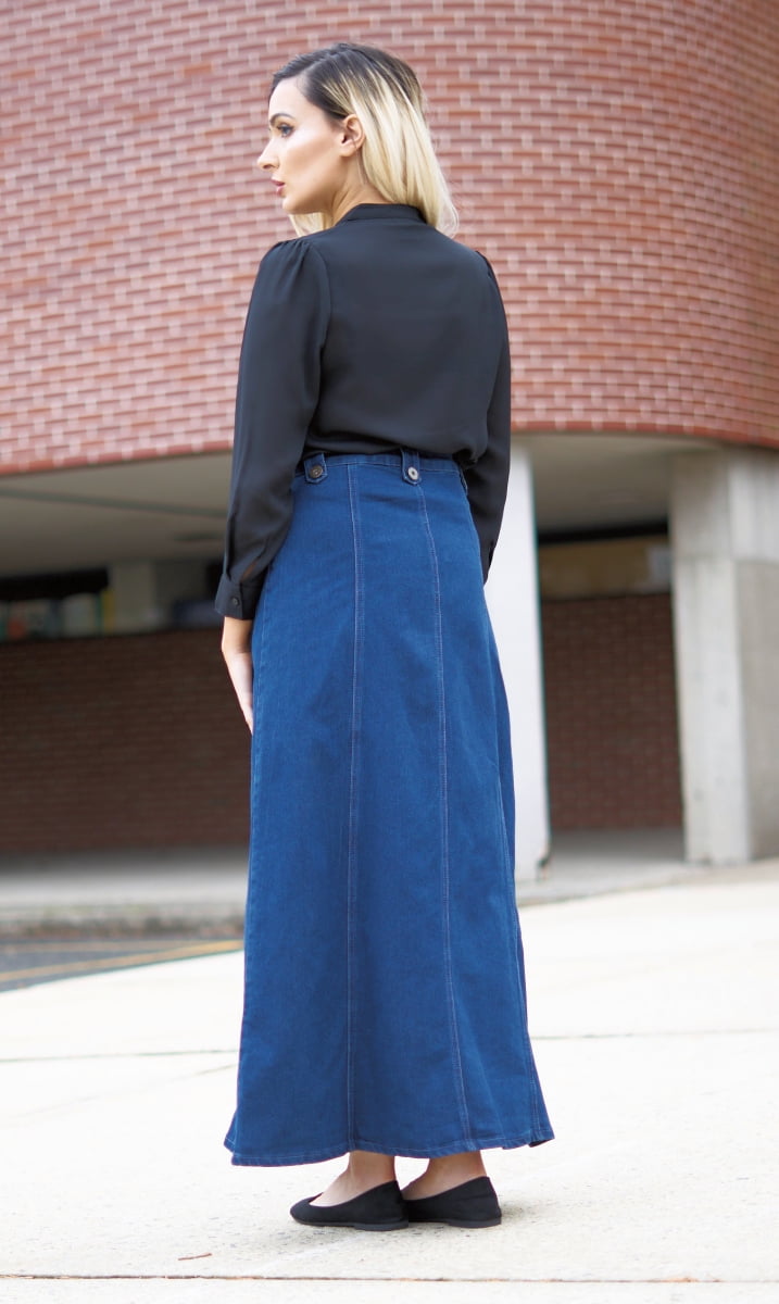 long blue denim skirt