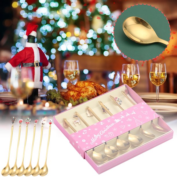 Teissuly 6Pcs Christmas Stainless Steel Spoon Fork Coffee Stirring Spoons Dessert Forks Christmas Gifts Box Set Ornaments Decor Teissuly WER202311015669