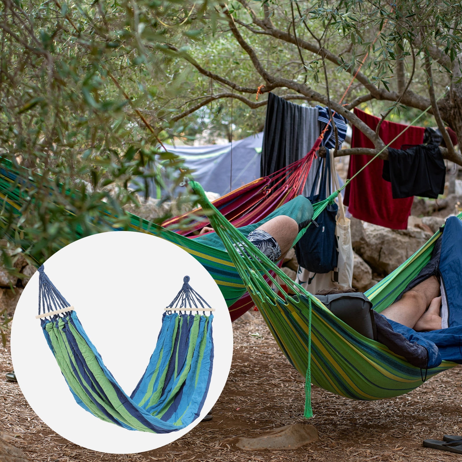 LULULION Outdoor Big Hammock Curved Portable Bamboo Blue for Friends and Family Camping 1Pcs