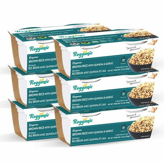 Reganic Organic Brown Rice with Quinoa & Garlic, 2 Individual Cups, Pack of 6, 8.8 oz