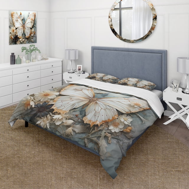 Designart "Pearl Slate Butterfly Delicate Designs" Animals Bedding Covert Set - Butterfly White Children's Art Bed Set With 2 Shams