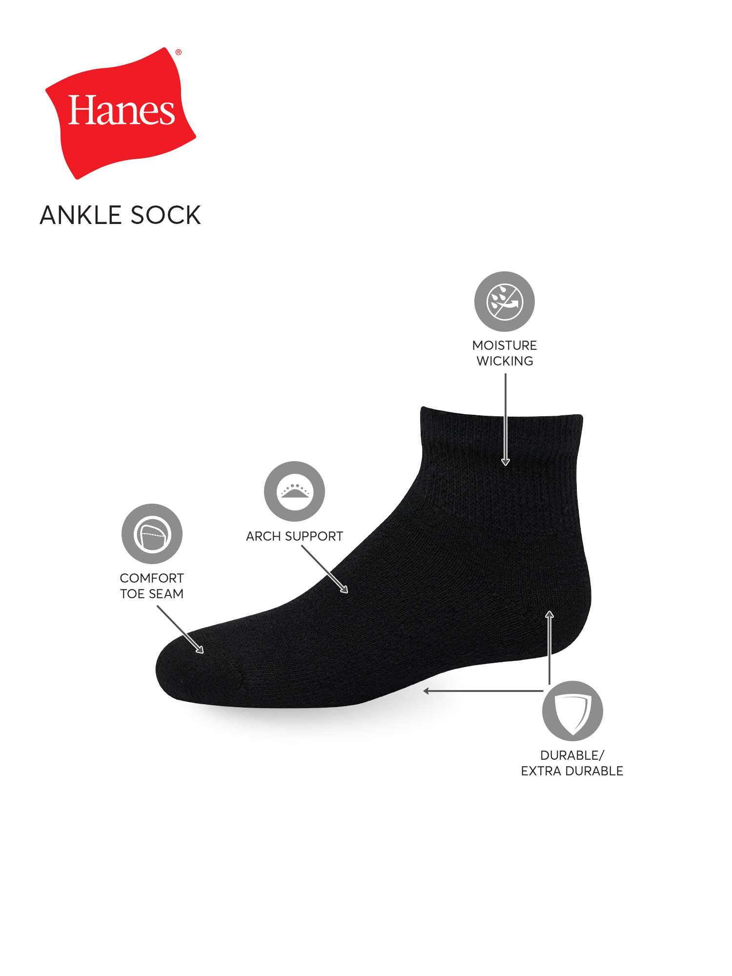 Hanes Boys Socks, 12 Pack Ankle Cushion Socks, Sizes S - L - image 2 of 6