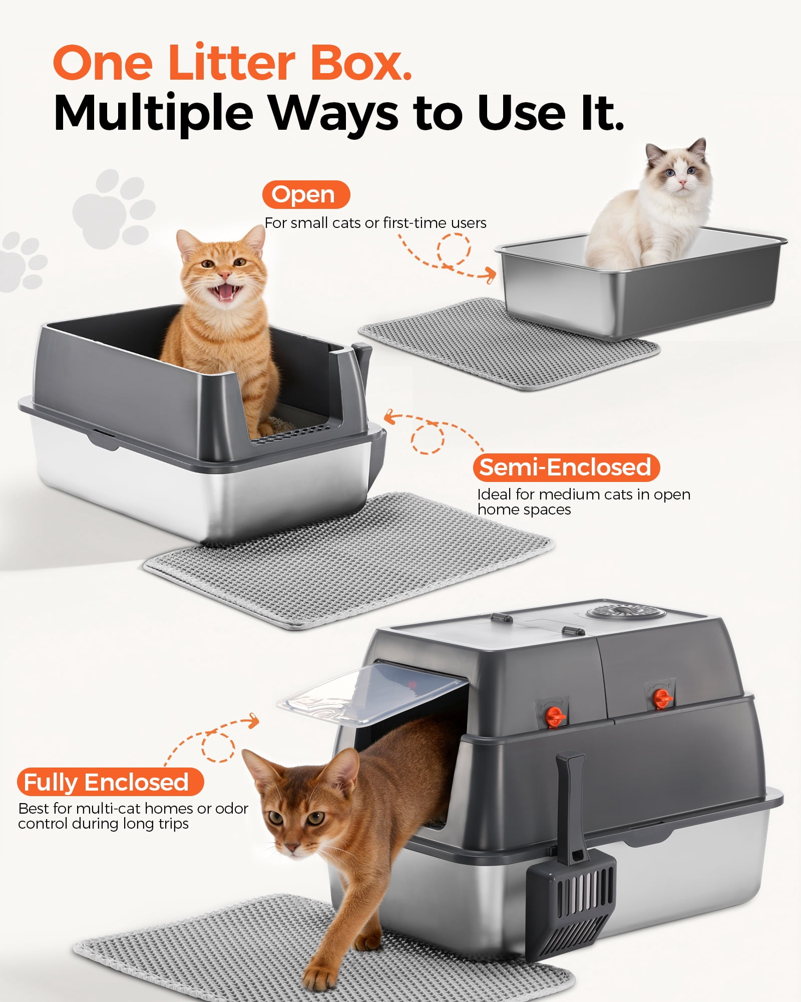 CloudRest Pro Enclosed Stainless Steel Cat Litter Box with Lid, Litter Scoop, Odor-Control Kitty Litter Tray with Scratcher for Small to Medium Cats（with No.2 Cartoon Sticker）