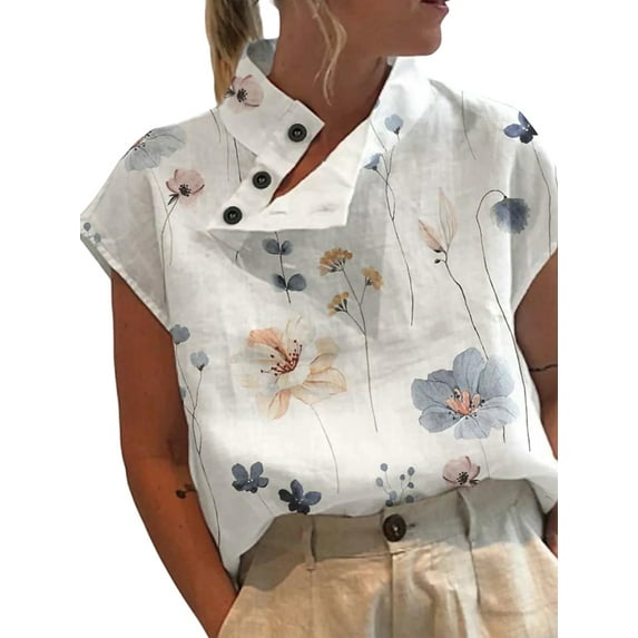 Enwejyy Womens Floral Print Stand-Up Collar Cap Sleeve Button Tunic Blouse