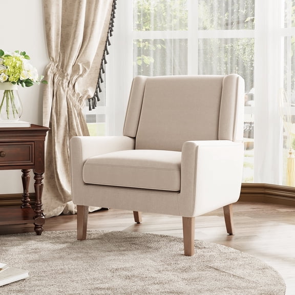 AFO Modern Accent Chair, High Back Upholstered Fabric Armchair with Wood Legs, Mid-Century Wingback Chair for Living Room Bedroom, Beige