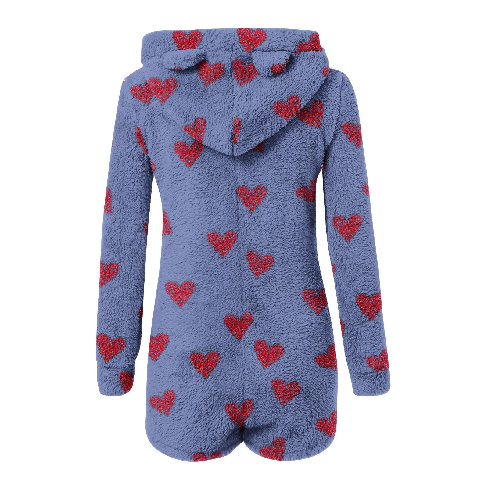Aobny Pajamas Women Fleece Valentine's Loungewear Onesies Wide-Leg Blue Long Sleeve Hooded Shorts Pajama,XXL