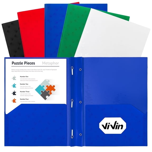 ViVin Sturdy Plastic Folder with Pockets and 3 Prongs, 5 Pack, Assorted Color Lighting Pattern