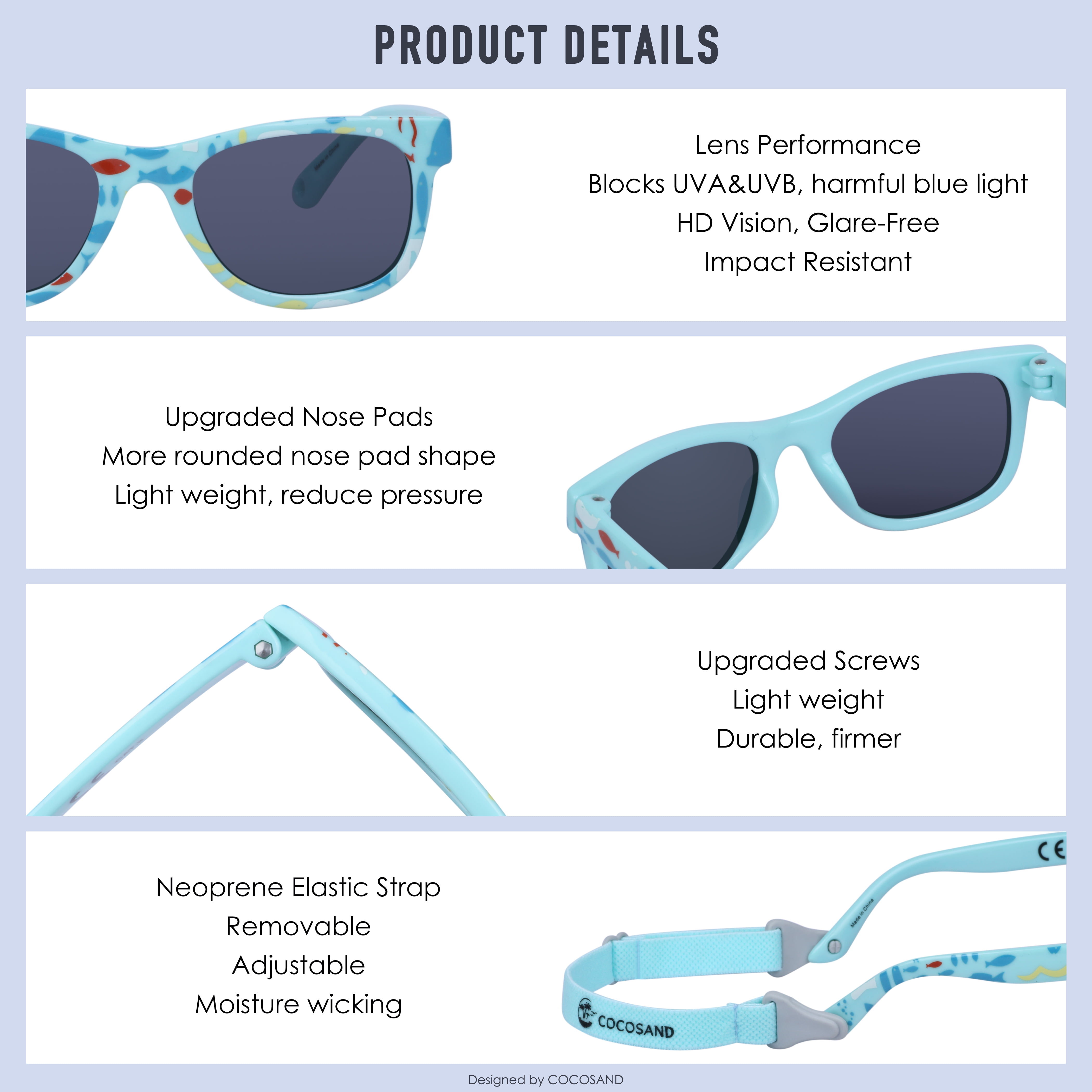 COCOSAND Baby Sunglasses with Strap Classic Square Frame UV400 for Infant Toddler Boys Girls Age 0-24 Months, 2-Pack