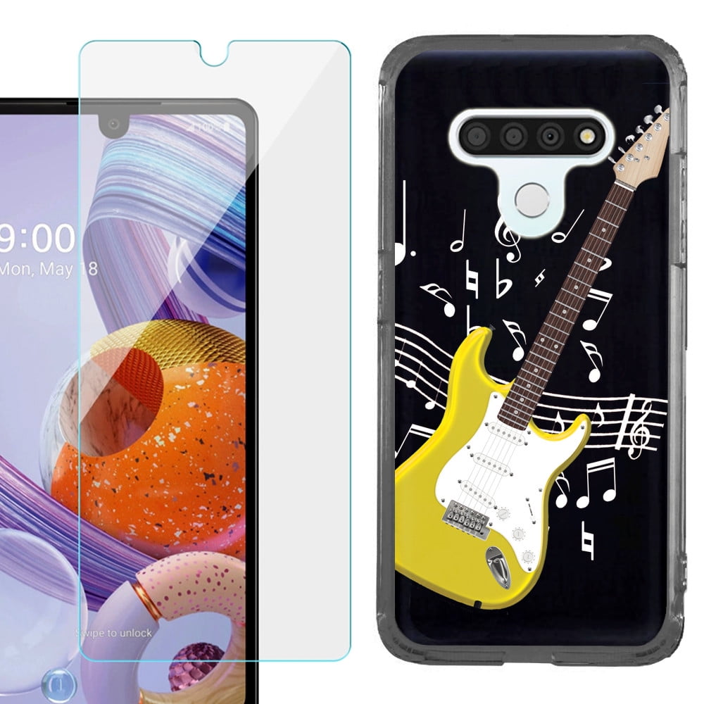 For LG Stylo 6 Phone Case, Slim-Fit TPU Case (Black Border), with Tempered Glass Screen Protector, by OneToughShield ® - Guitar Yellow