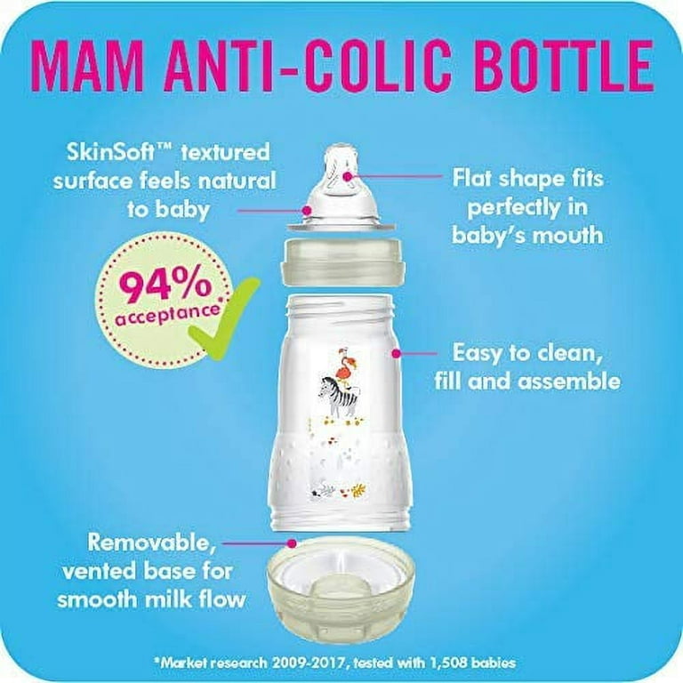 MAM Easy Start Anti-Colic Bottle 9 oz (3-Count), Baby Essentials, biberones  de flujo medio con pezón de silicona, biberones para bebé, diseños /