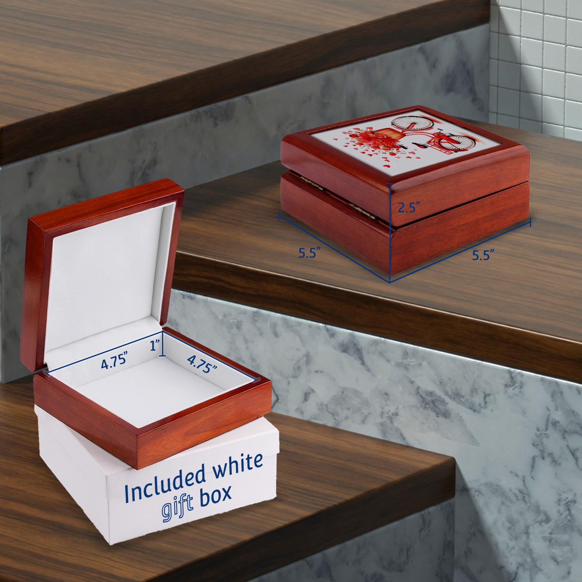 3dRose, Cute Red Valentine Floral Bike Illustration, Jewelry Box 5.5x5.5 inch with 4 inch tile