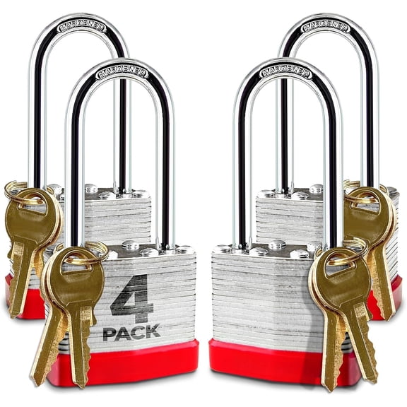 4 Keyed-Alike Padlocks w/ 2” Long Shackle, 8 Keys, Hardened Steel Pad Lock, Pick Resistant Brass Pin Cylinder (Pack of 4)