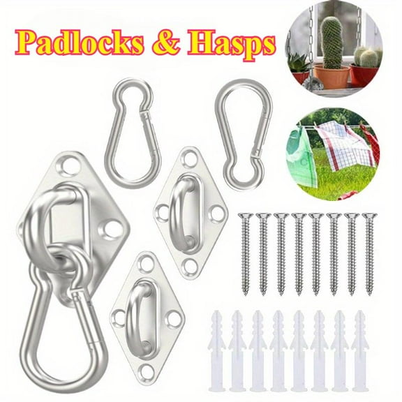 1 Set Ceiling Mount Hooks,2pcs 2.3 Inch 304 Stainless Steel Pad Eye Plate Hook With Screws And 2pcs 2 Inch 304 Stainless Steel Snap Hook,for Hammock,swing,wall Ceiling Installation