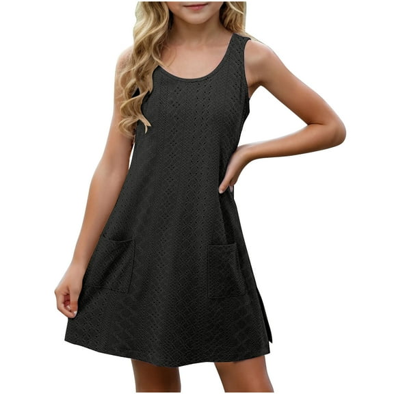Fesfesfes Girls'Summer Solid Color Short Sleeve Crew Neck Elastic Waistband Dress with Pockets Casual Comfortable Cotton Blend Dress for Kids(Black,4 Years)