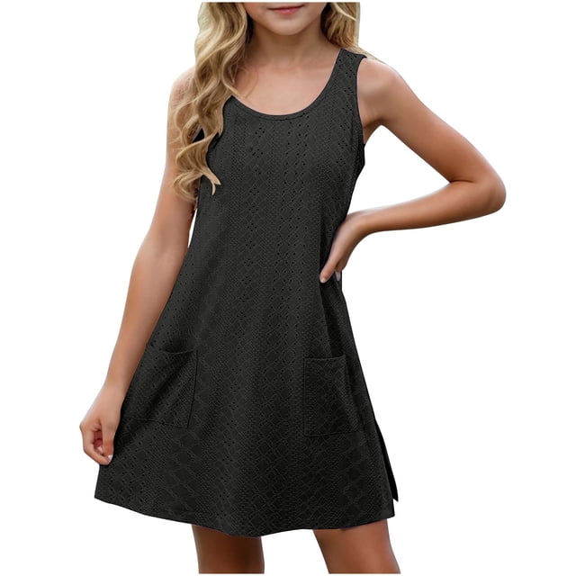Tranfacy Robe d'Été pour Filles, Robe Sans Manches pour Tout-Petites Filles, Robe Mignonne Unie Extensible à Bretelles pour Tout-Petits avec Poches, Robe Trapèze