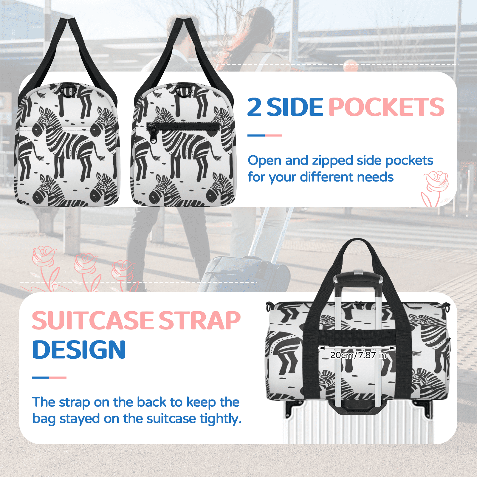 Herdesigns Zebra Pattern Travel Duffle Bag Sports Yoga Weekender Overnight Carry on Workout Bags Lightweight Waterproof Gym Tote Bag for Women Animal