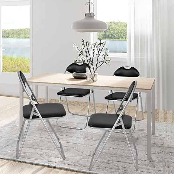 ARLIME Folding Chairs 4 Pack, Padded Folding Seats, Metal Foldable Seats with Extra Grip Handle, Black Folding Chairs for Home School Office