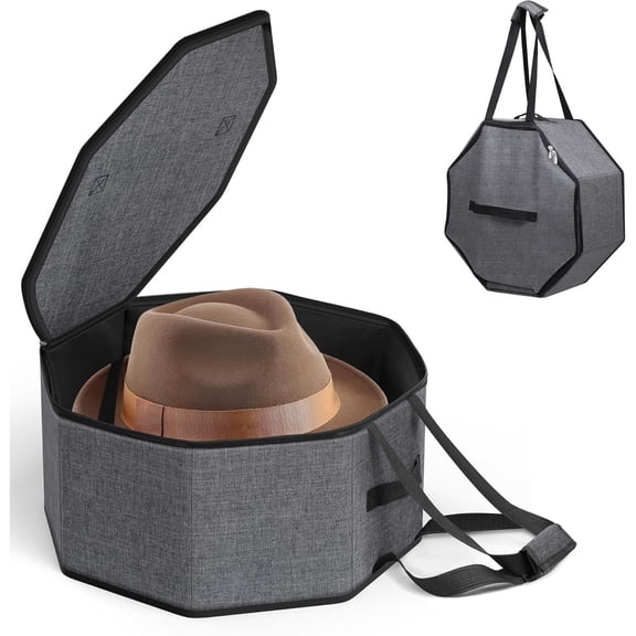 Hat Box for Travel and Storage, Collapsible Cap Case for Mens Fedora Organizer, Hat Storage Box for Men and Women for Closet, Cap Carrier with Handles, Grey
