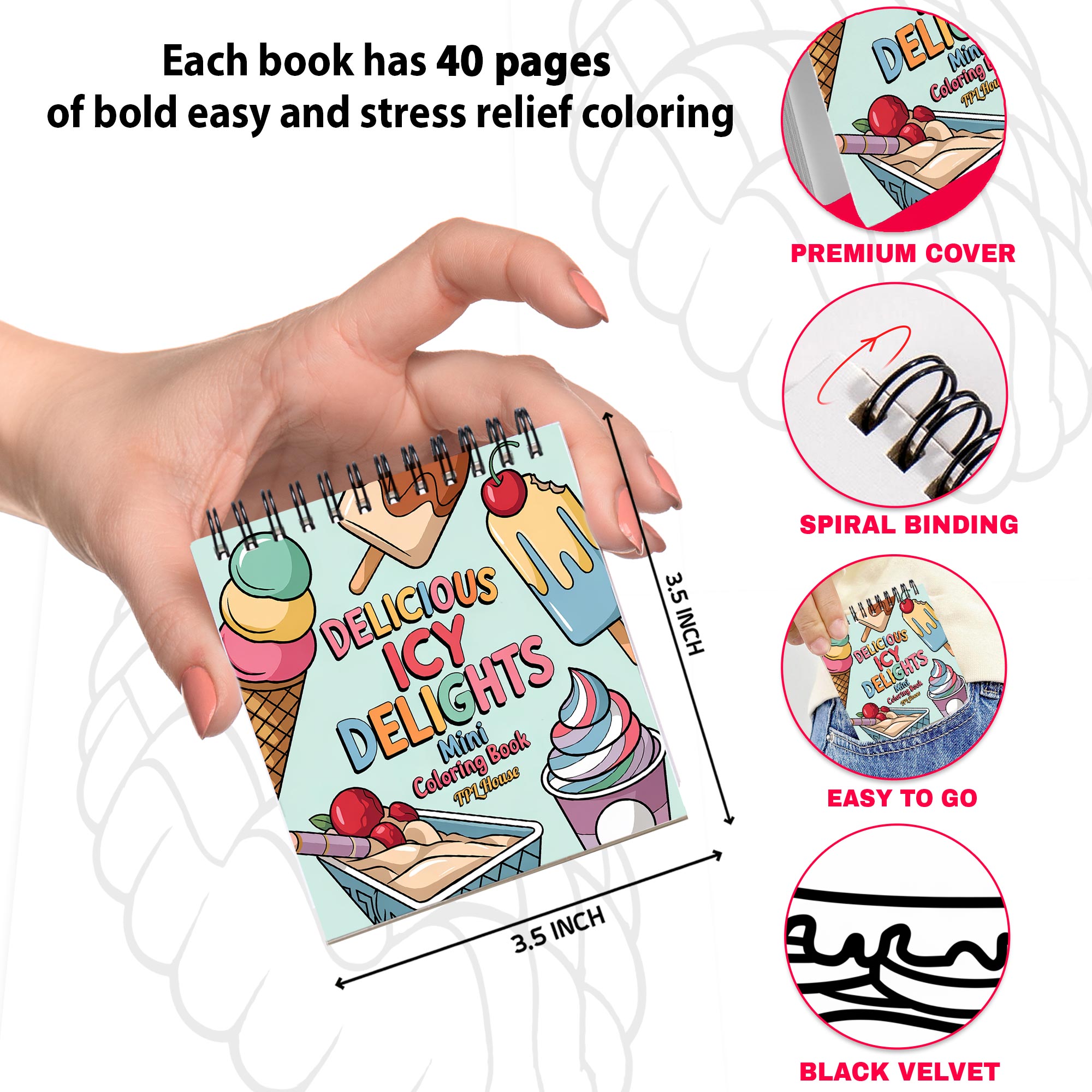 Food Mini Coloring Book Spiral Bound for Adult, Pack 6, 3.5” x 3.5” Pocket Size, 40 Coloring Pages Stress & Anxiety Relief, Travel for Women Men