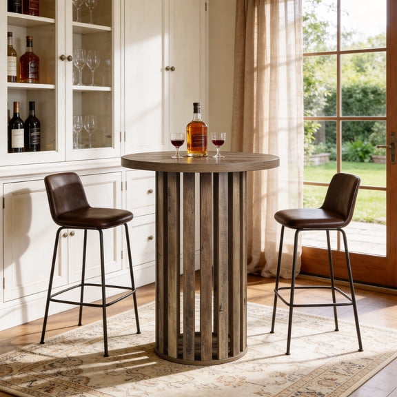 Finmind Round Bar Table, 37.4 inch High Bistro Pub Table for Home Bar, Dining Room, Party, Cocktail, Living Room, Small Space, Rustic Brown